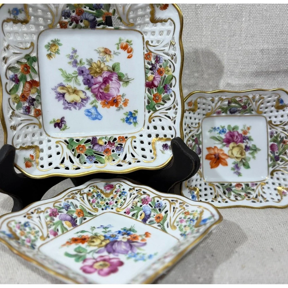 Schumann Arzberg Dresden Flowers Reticulated Porcelain Plate Bowl Set 5pc Gold